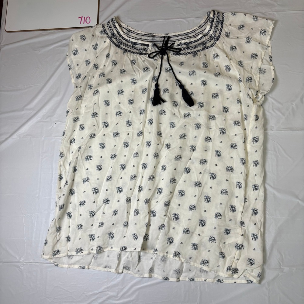 Jean Pascale Womens Cream Floral‎ Boho Peasant Blouse Tassel Embroidery